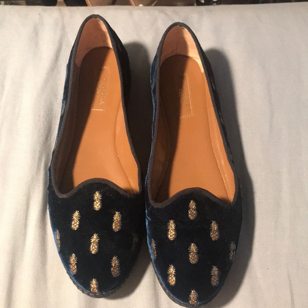 AQUAZZARA Blue velvet flats embroidered pineapple